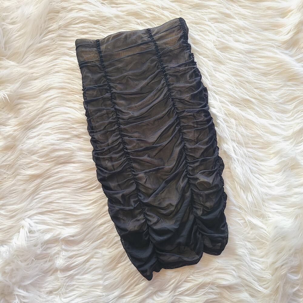 Urban Outfitters Skirt Black Ruched Mesh High Rise Midi Mini XS Bodycon Y2K 90's - Picture 4 of 4